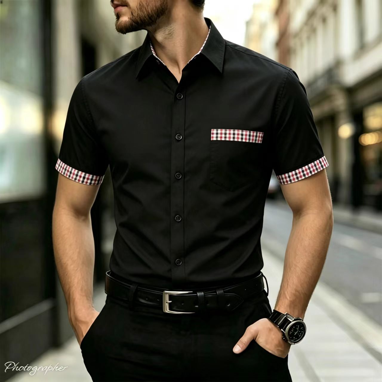 Men Formal Office Wear Shirts - Men's short sleeved shirt with checkered