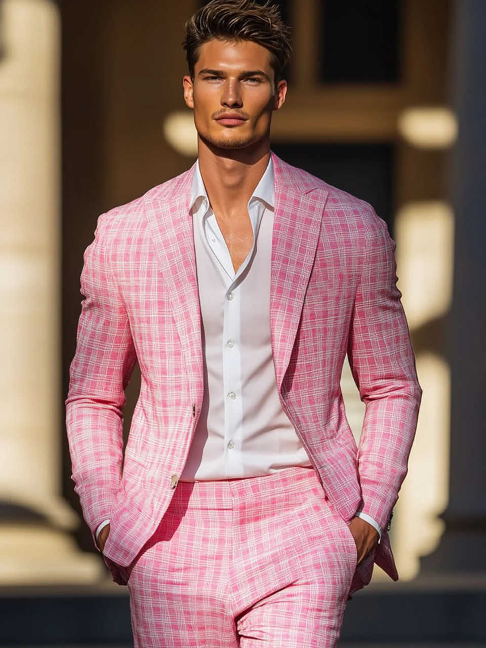 Summer Pink Plaid Mens Tuxedos - đánh giá và giá Men Formal Wear Pink