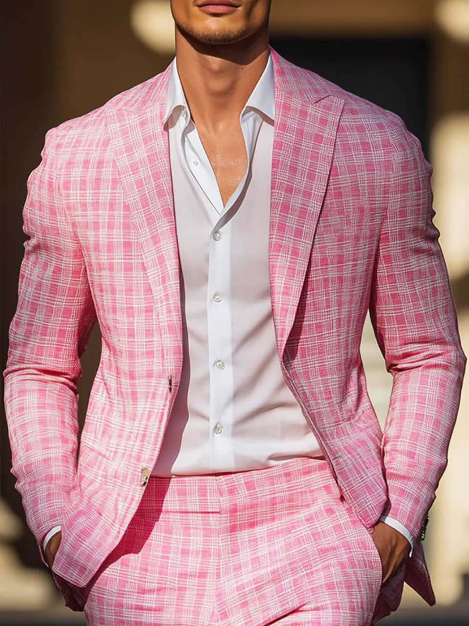 Summer Pink Plaid Mens Tuxedos - đánh giá và giá Men Formal Wear Pink