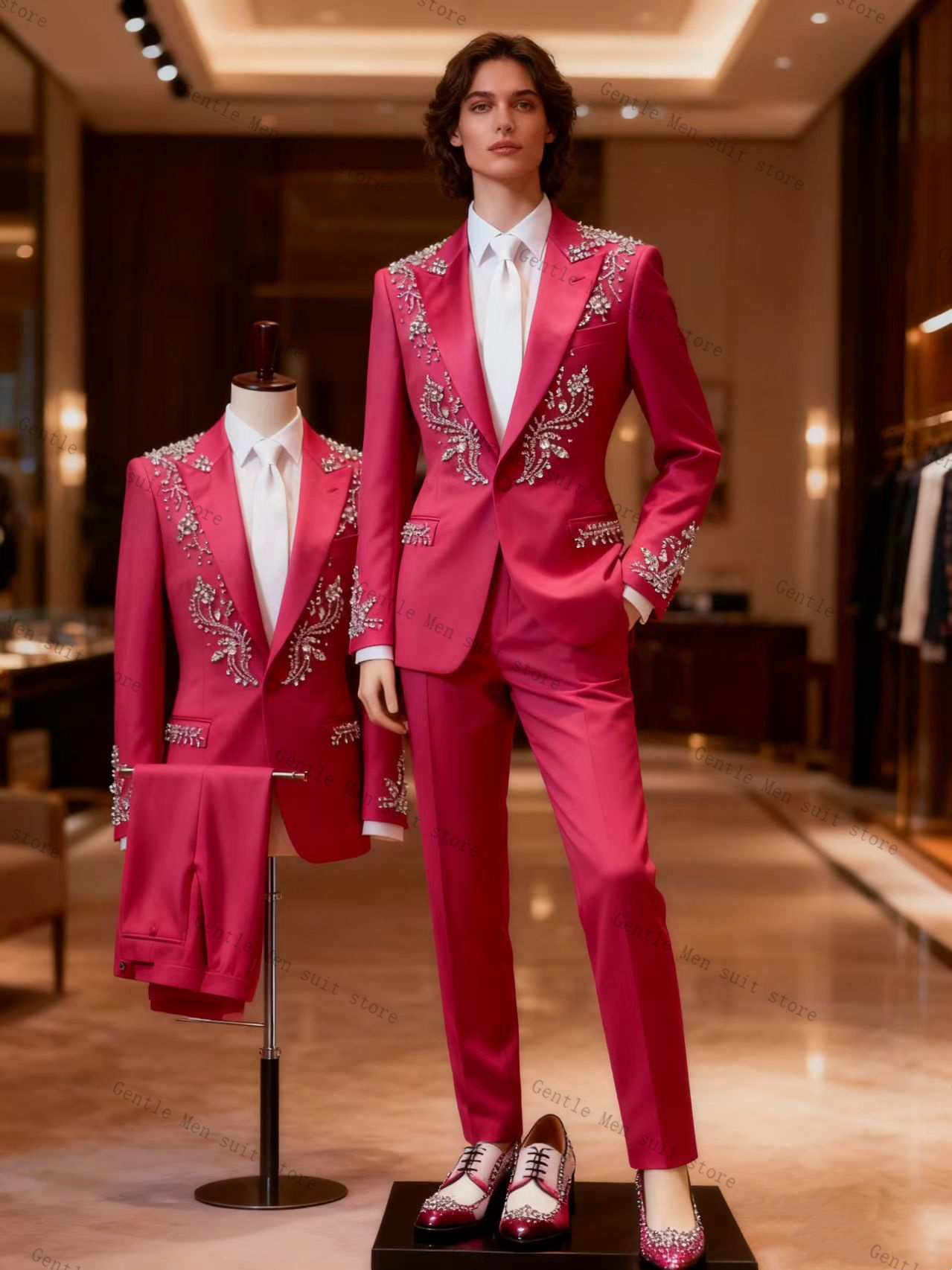 Pink Men Suit Set 2 Pcs Blazer - đánh giá và giá Men Formal Wear Pink