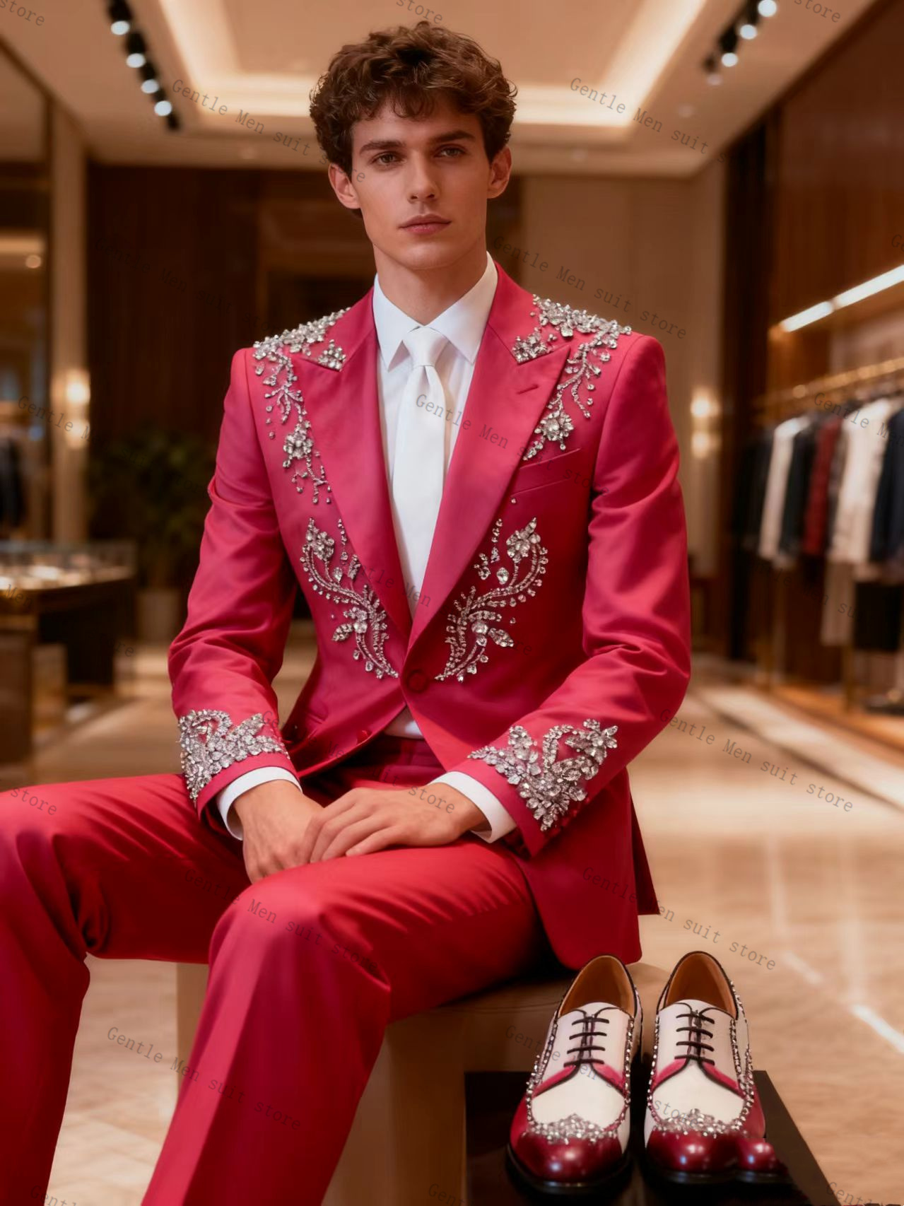 Pink Men Suit Set 2 Pcs Blazer - đánh giá và giá Men Formal Wear Pink