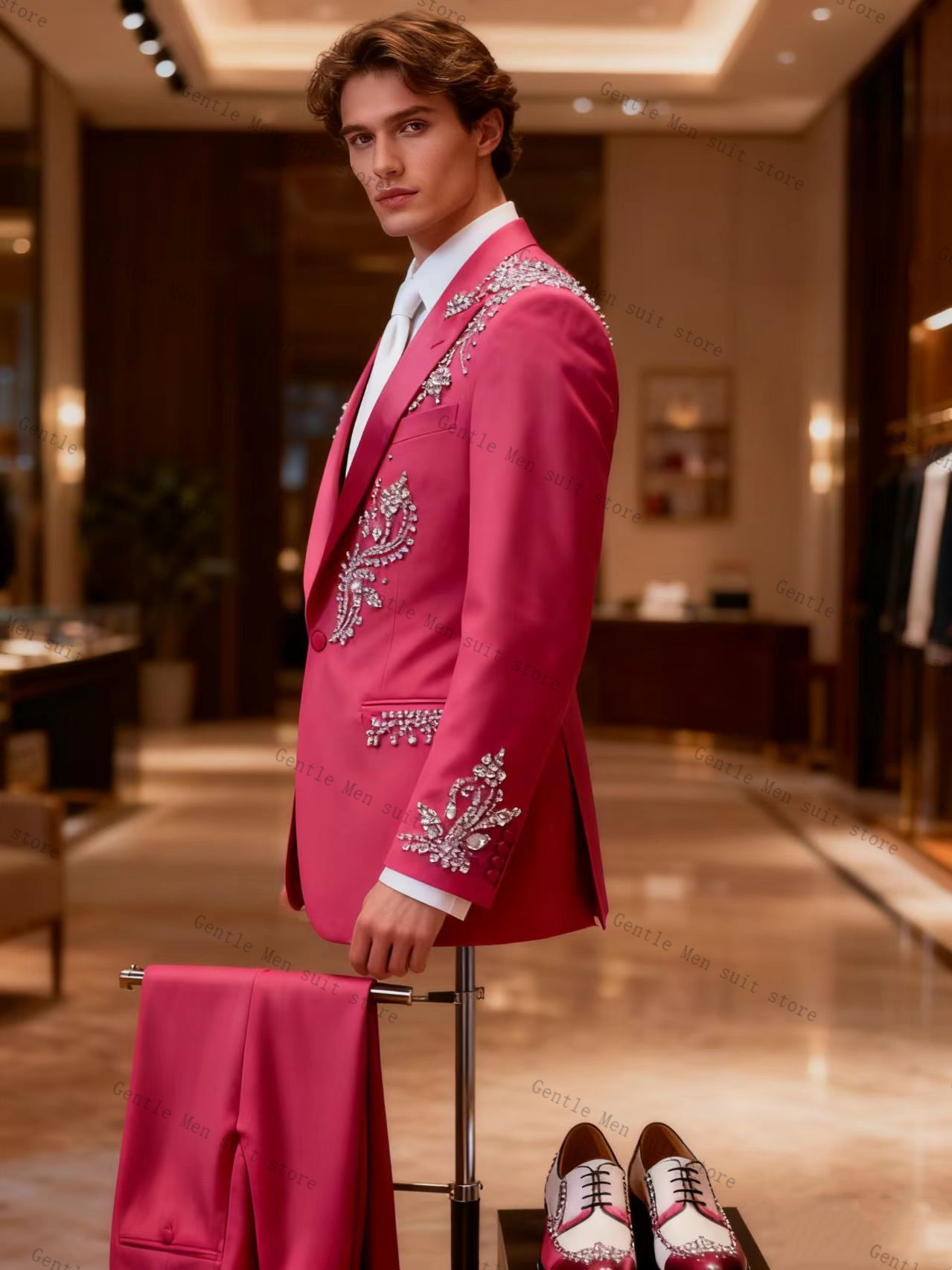 Pink Men Suit Set 2 Pcs Blazer - đánh giá và giá Men Formal Wear Pink